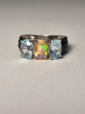 NIB VTG 925 Three-Stone Blue Topaz Natural Ethiopian Opal Spinel Ring Sz 4-4.5